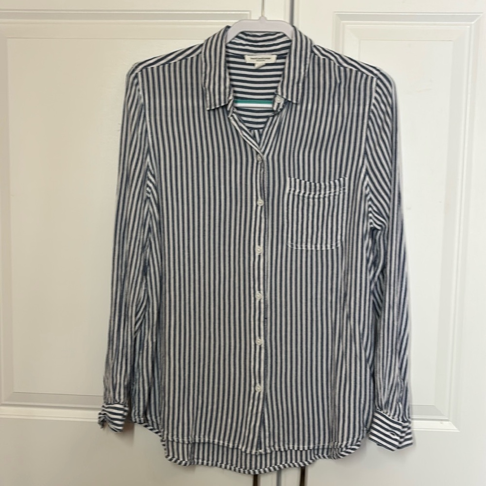 Blue and White striped button up (M)